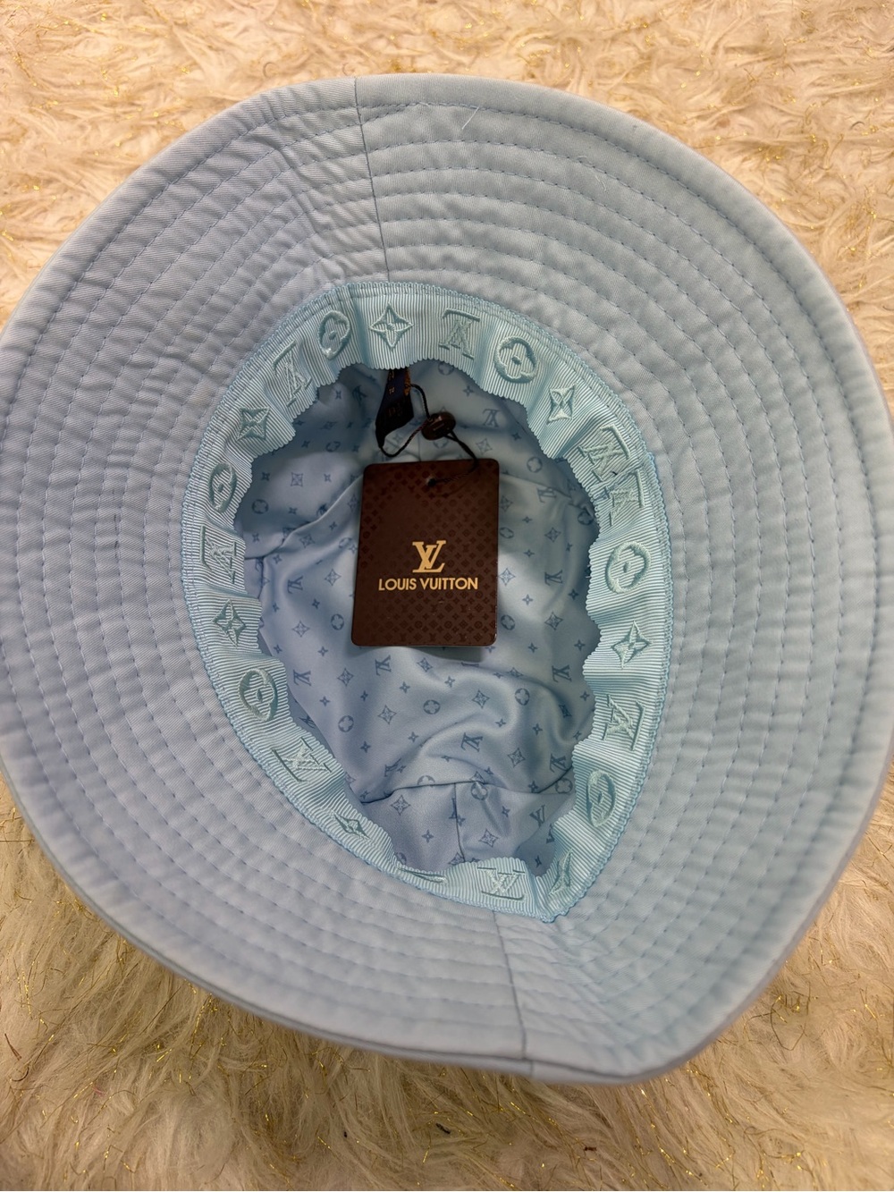 Light Blue Bucket Hat with Embossed Monogram Trim - Picture 3 of 3